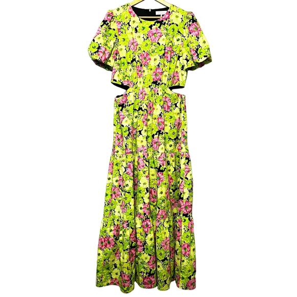 WAYF Dress Size XL Floral Short Sleeve Side Cutout Maxi Lime Fuschia - Picture 1 of 13